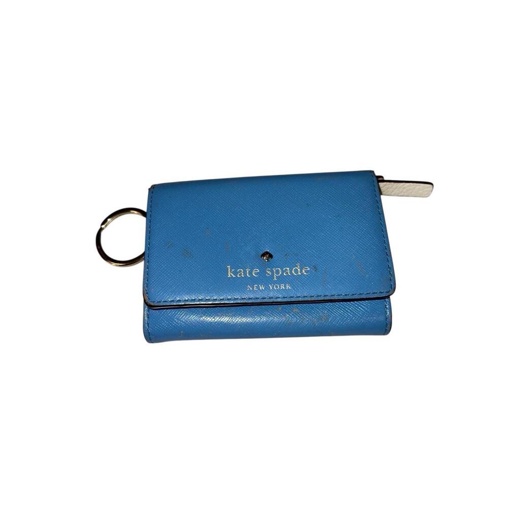 SOLD Kate Spade Blue Leather Keychain Wallet Polka Dot Interior Women's One Size - Picture 2 of 10